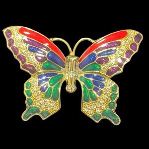 Vibrant, butterfly, enamel, rhinestone, gold tone, brooch, pin blue red green
